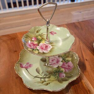 VINTAGE LEFTON CHINA HAND PAINTED 2 TIER CAKE PLATE STAND HANDLE FITTING #1153